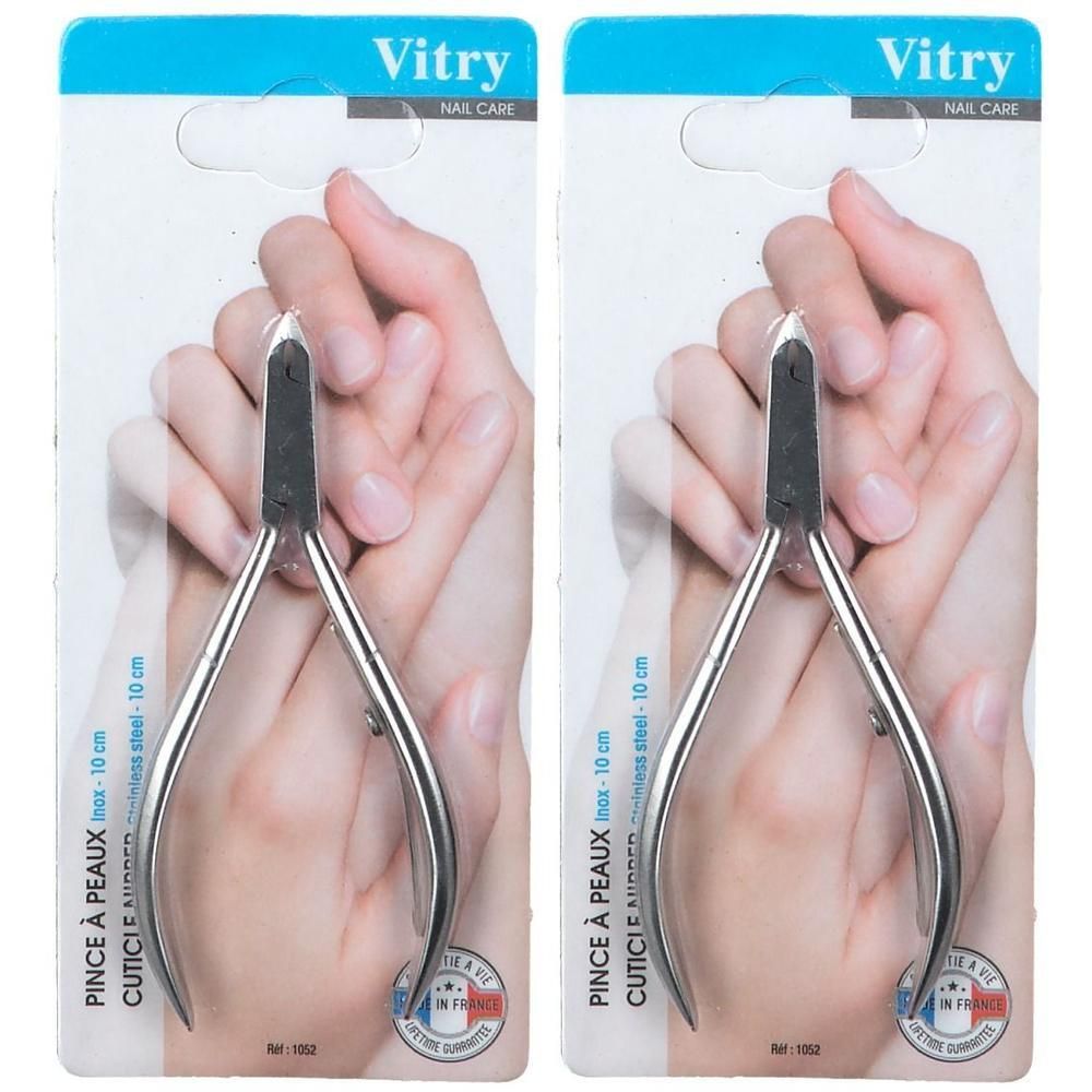 Deux coupe-cuticules Vitry en acier inoxydable, 10 cm, présentés en blister.