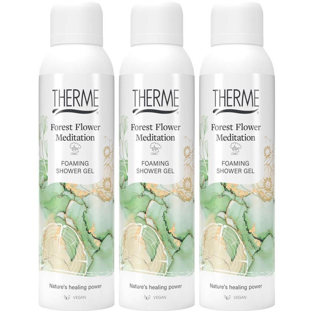 Trois flacons de gel douche moussant Therme Forest Flower Meditation, avec un design marbré vert et or.