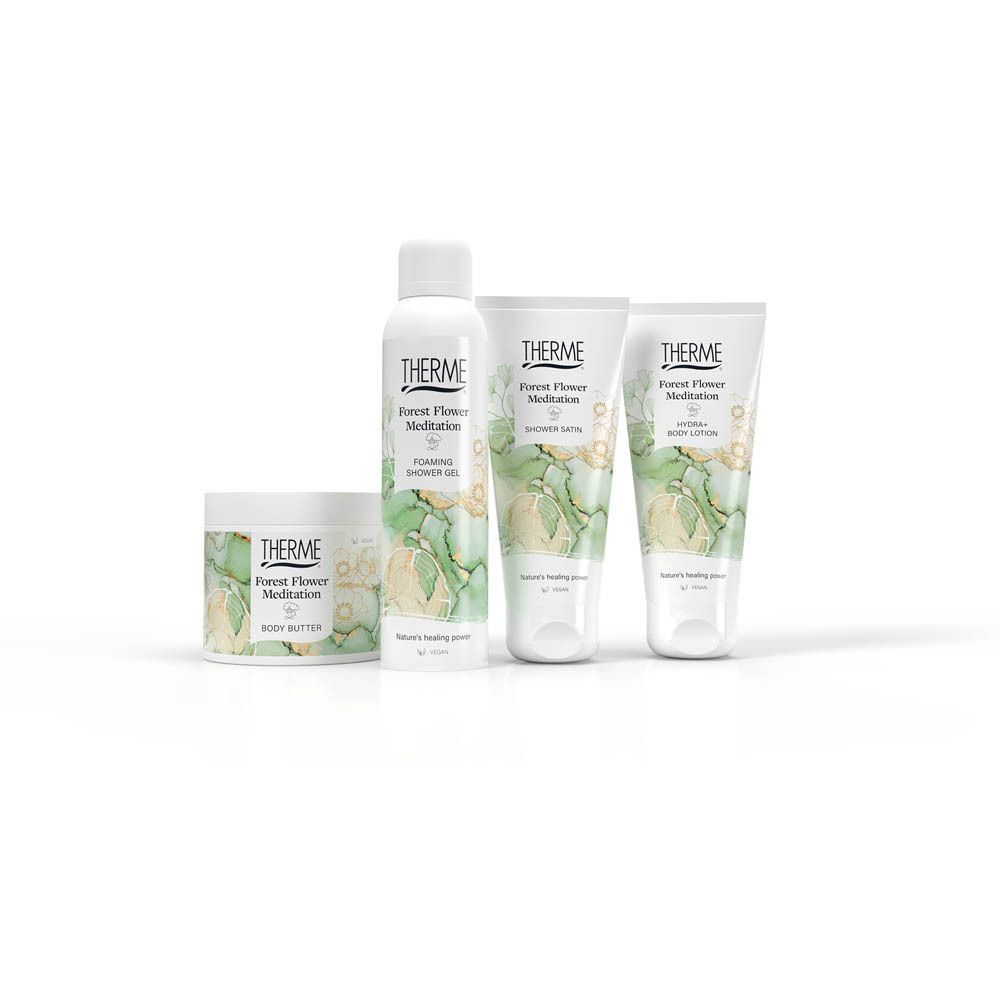 Vier Therme Forest Flower Meditation producten: Body Butter, Douchegel, Douchegel, Bodylotion.