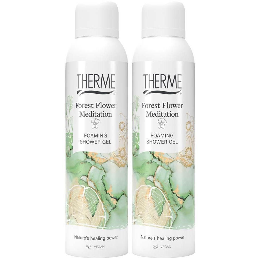 Twee flessen Therme Forest Flower Meditation Schuimende Douchegel met groen-gouden marmerpatroon.