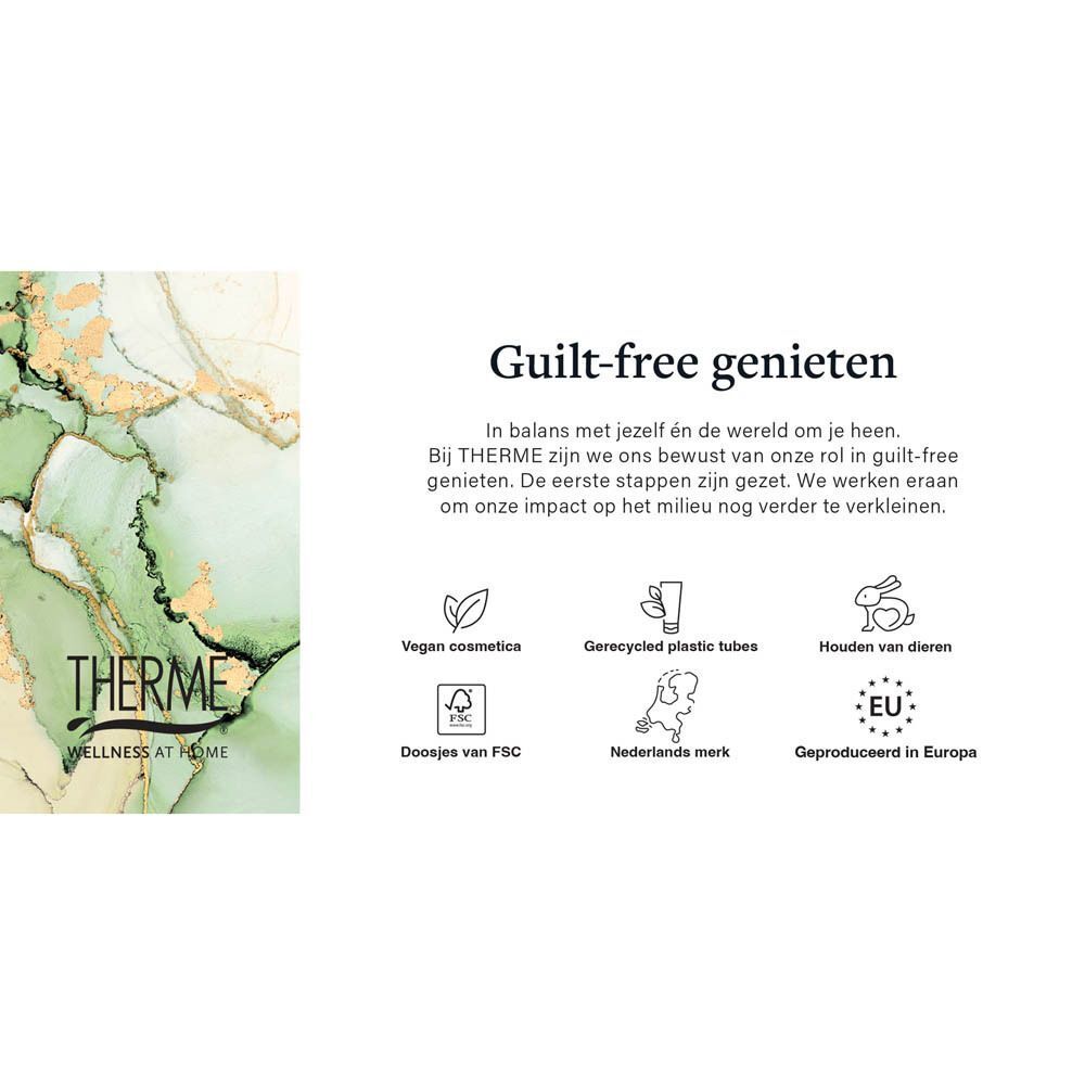 Therme productinformatie: "Guilt-free genieten" met iconen voor vegan, gerecyclede tubes, dierenwelzijn, FSC, Nederland en EU.