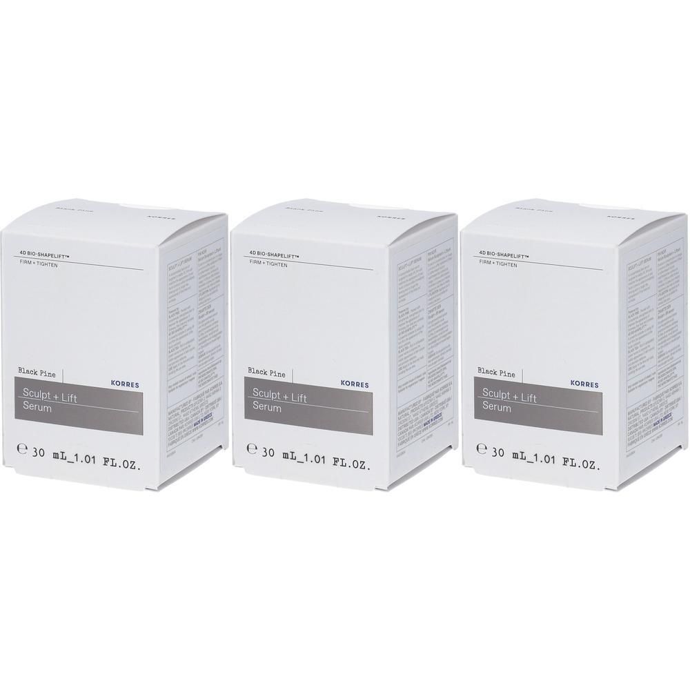 Drie dozen Korres Black Pine Sculpt + Lift Serum, elk 30 ml.
