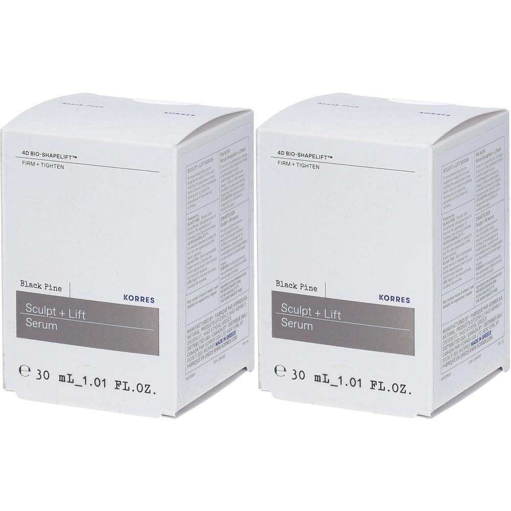 Deux boîtes de sérum sculptant et liftant Korres Black Pine, 30 ml chacune.