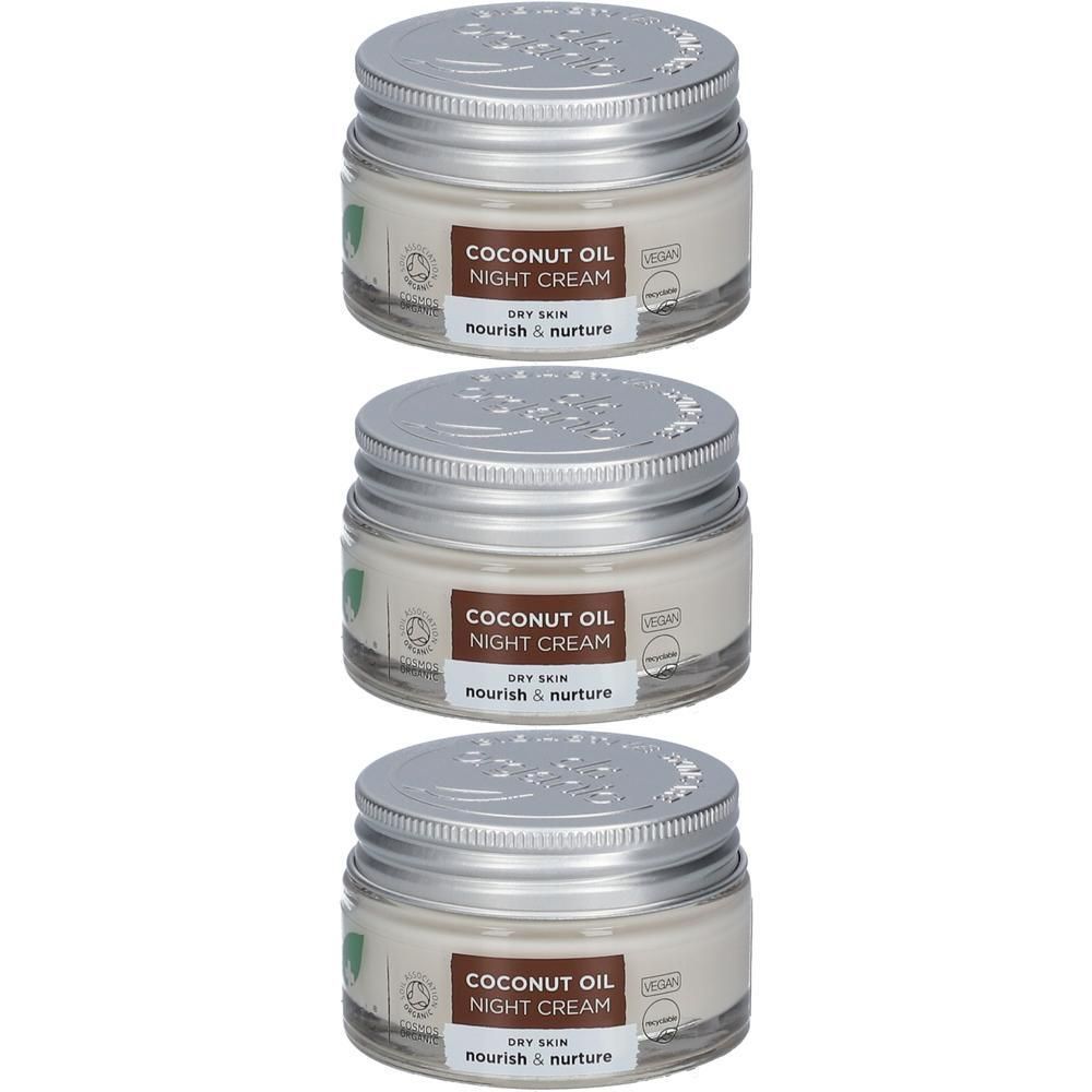 Trois pots de crème de nuit à l'huile de coco pour peau sèche.