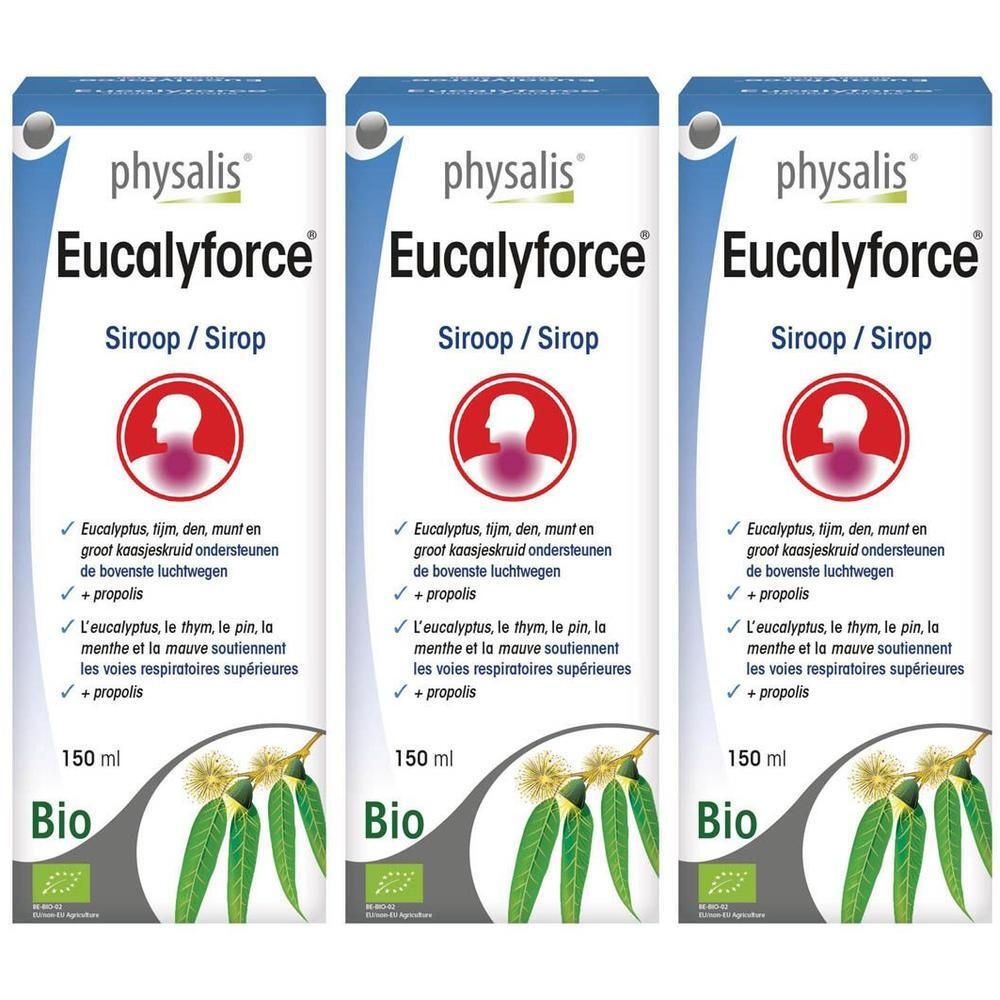 Drie pakken Physalis Eucalyforce Bio siroop met eucalyptusafbeelding en bio-zegel.