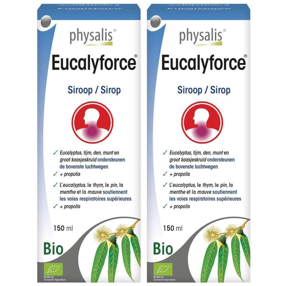 Twee pakken Physalis Eucalyforce Bio Siroop, 150 ml. Met eucalyptus en propolis.