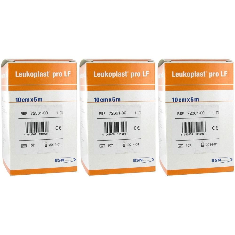 Trois paquets de Leukoplast® Pro LF, 10 cm x 5 m, avec marquage CE et logo BSN.