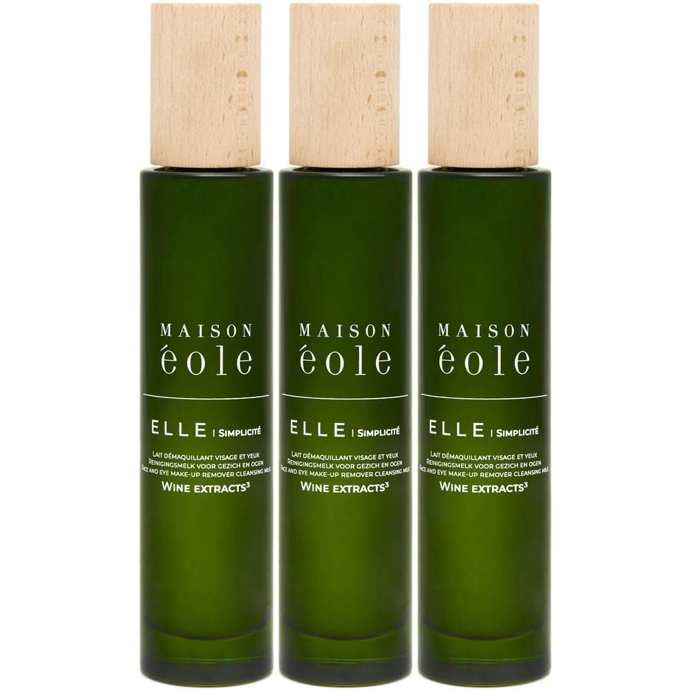 Drie groene flessen Maison Éole met houten dop. Bevat wijn-extracten.