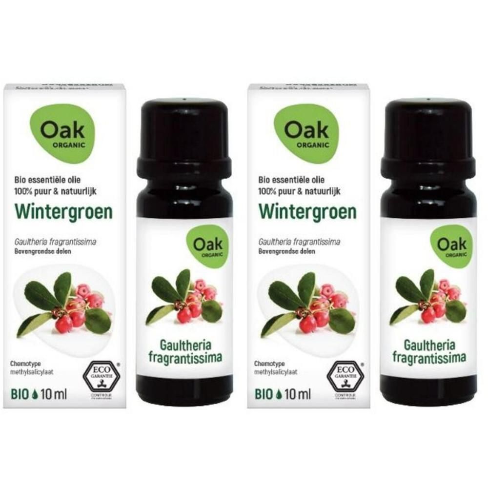 Huile essentielle Oak Organic Wintergrün, flacon 10 ml avec illustration de baies. Certifié ECO.