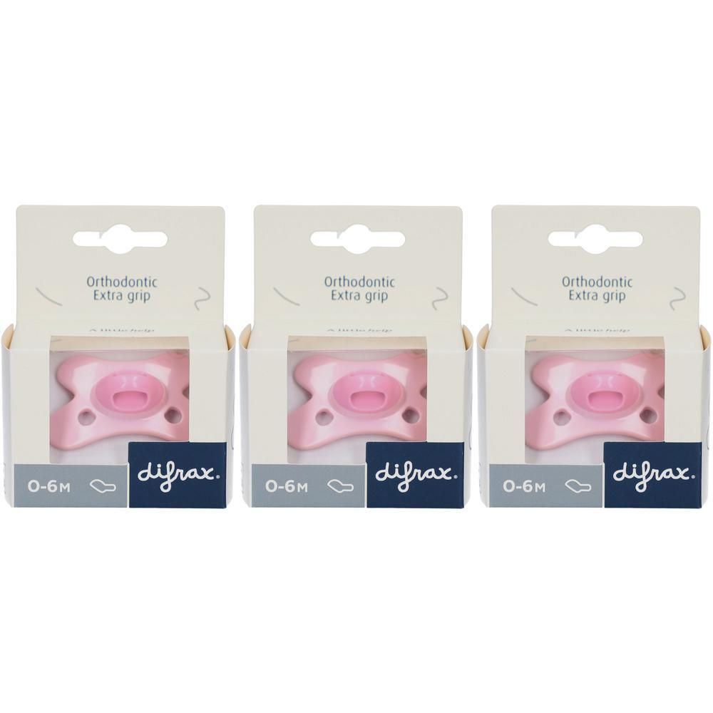 Drie Difrax fopspeen 0-6 maanden Rose Quartz, orthodontisch en met extra grip.