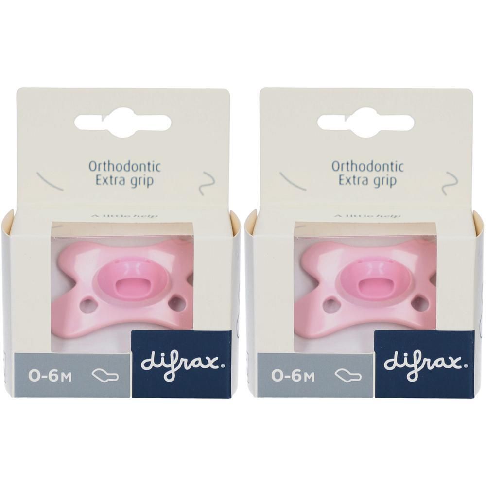 Twee roze Difrax orthodontische fopspeentjes voor 0-6 maanden.
