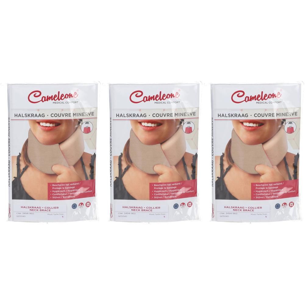 Drie verpakte beige nekkragen, elk met een afbeelding van een vrouw die de nekkraag draagt.