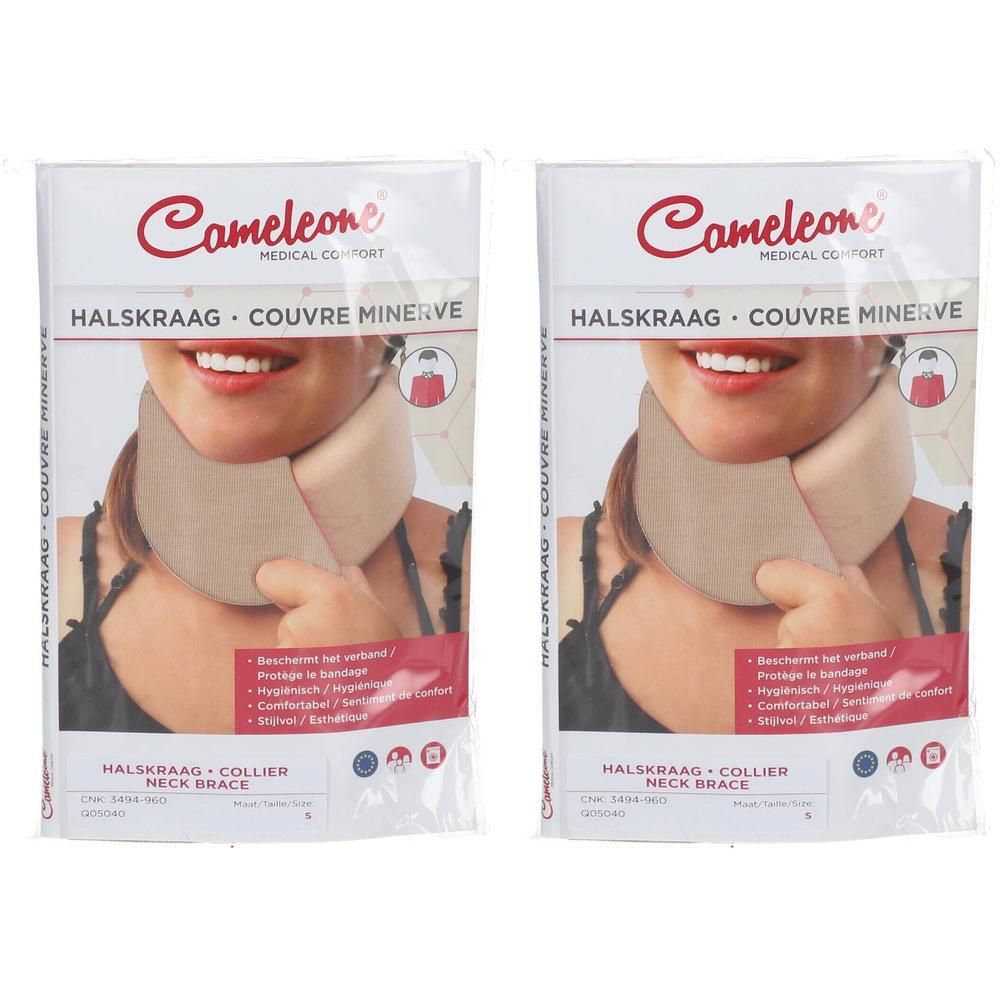 Twee Cameleone halskragen in beige, medisch comfort.