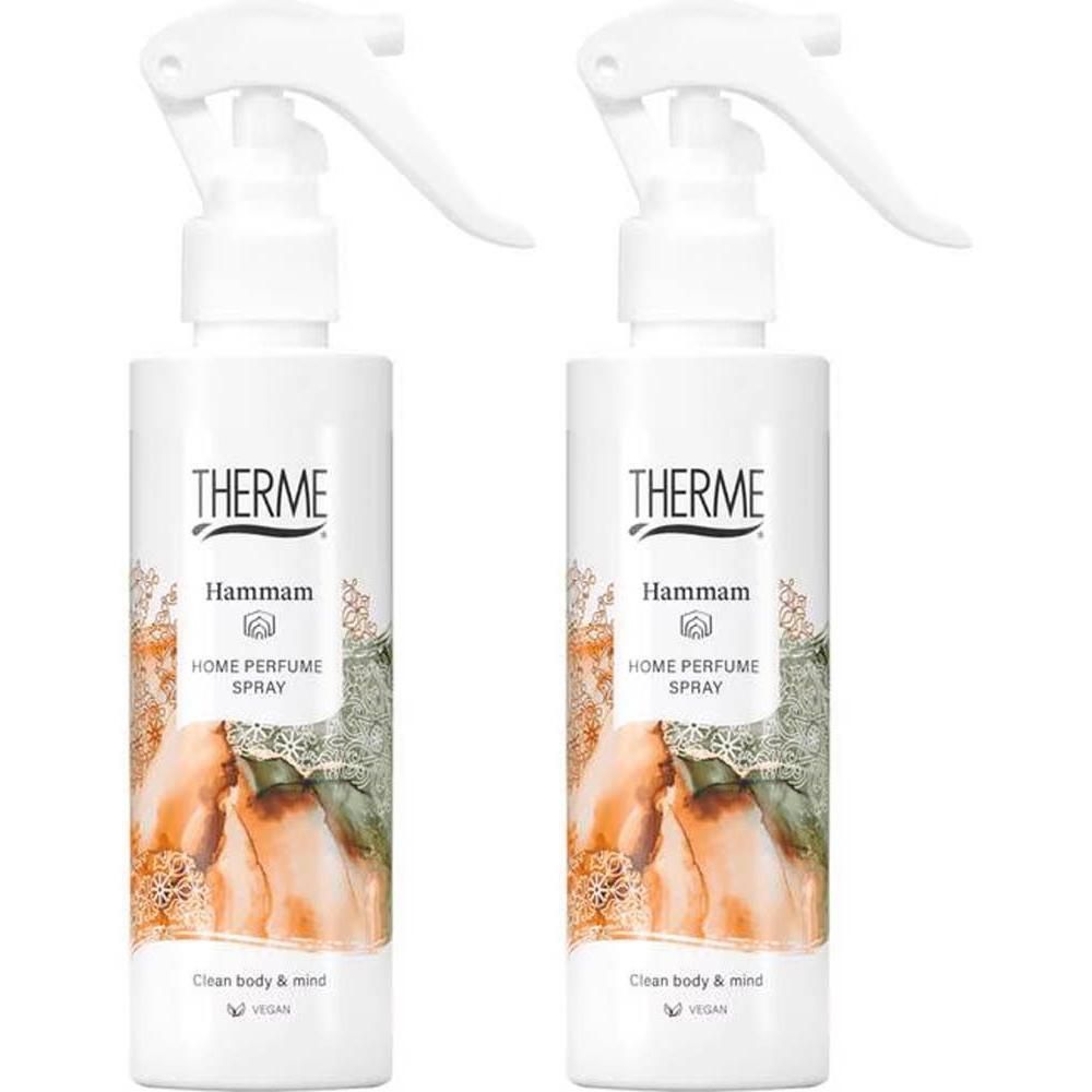 Deux flacons pulvérisateurs blancs pour parfum d'ambiance, marque Therme, variété Hammam.