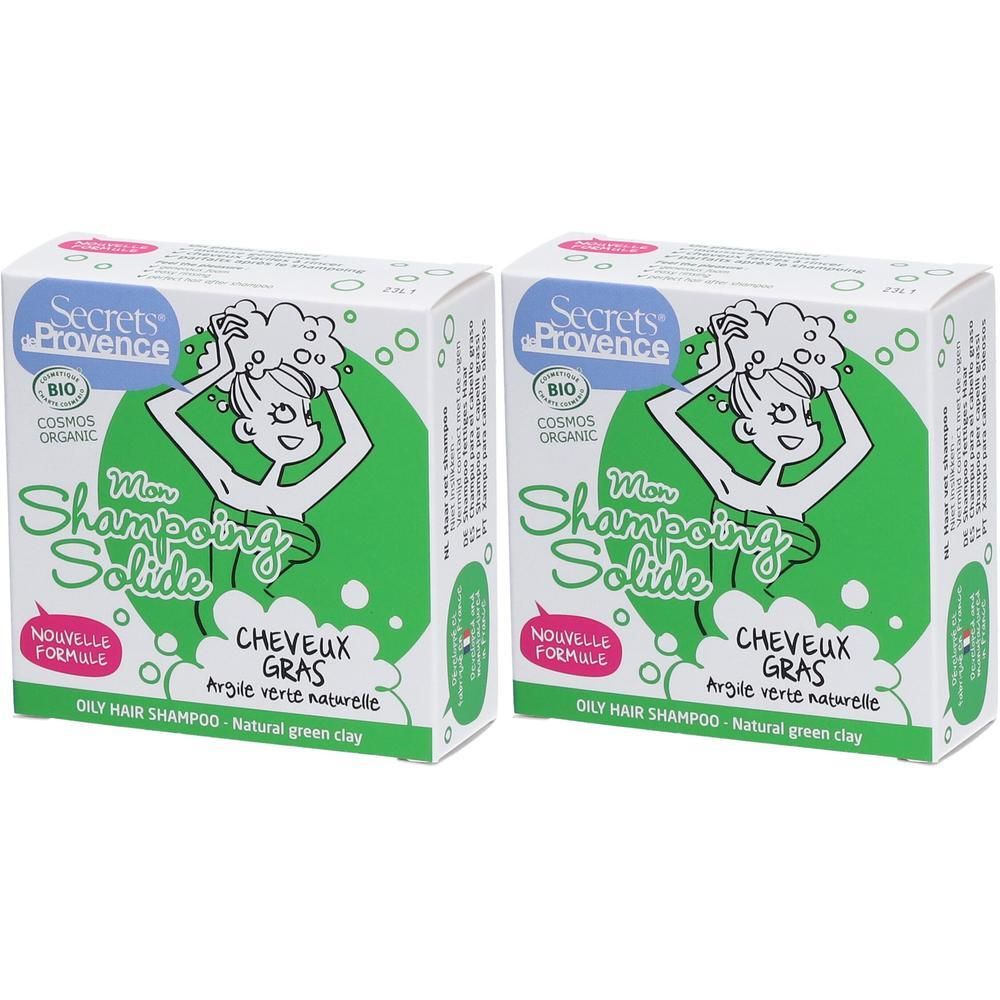 Deux boîtes de Secrets de Provence shampoing solide pour cheveux gras à l'argile verte.