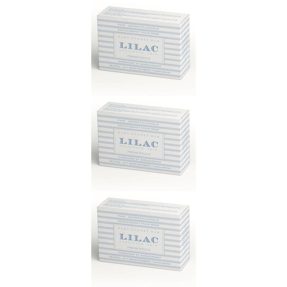 Trois paquets de savon dermatologique Lilac Bébé à rayures bleues.