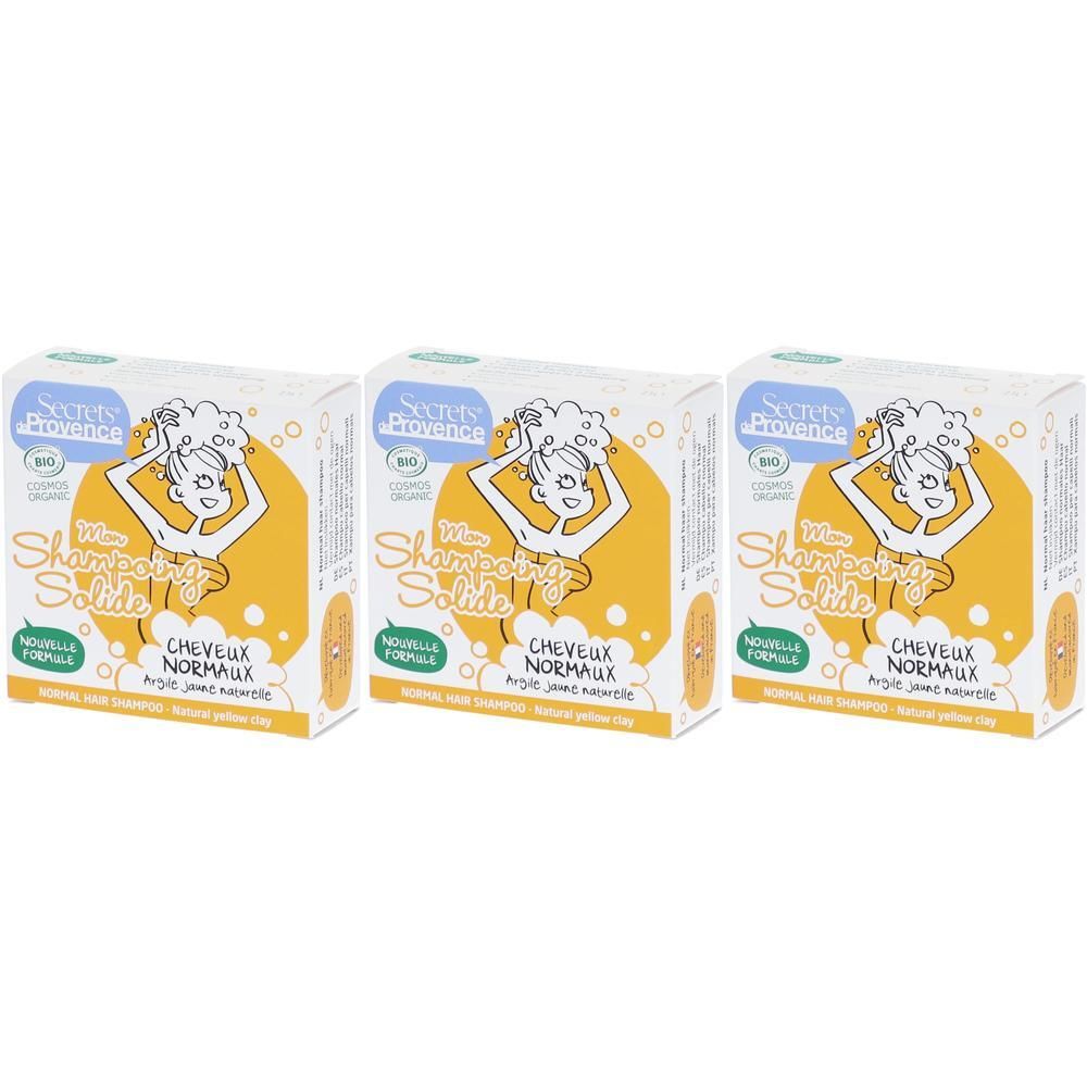Drie dozen solide shampoo voor normaal haar, met Bio-keurmerk en illustratie van vrouw met schuim.