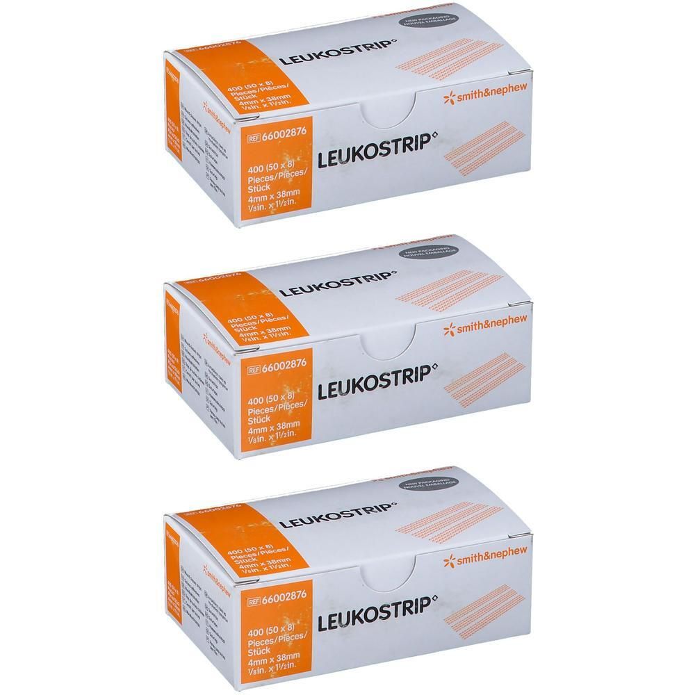Trois boîtes de Leukostrip, 4mm x 38mm, avec logo Smith & Nephew.