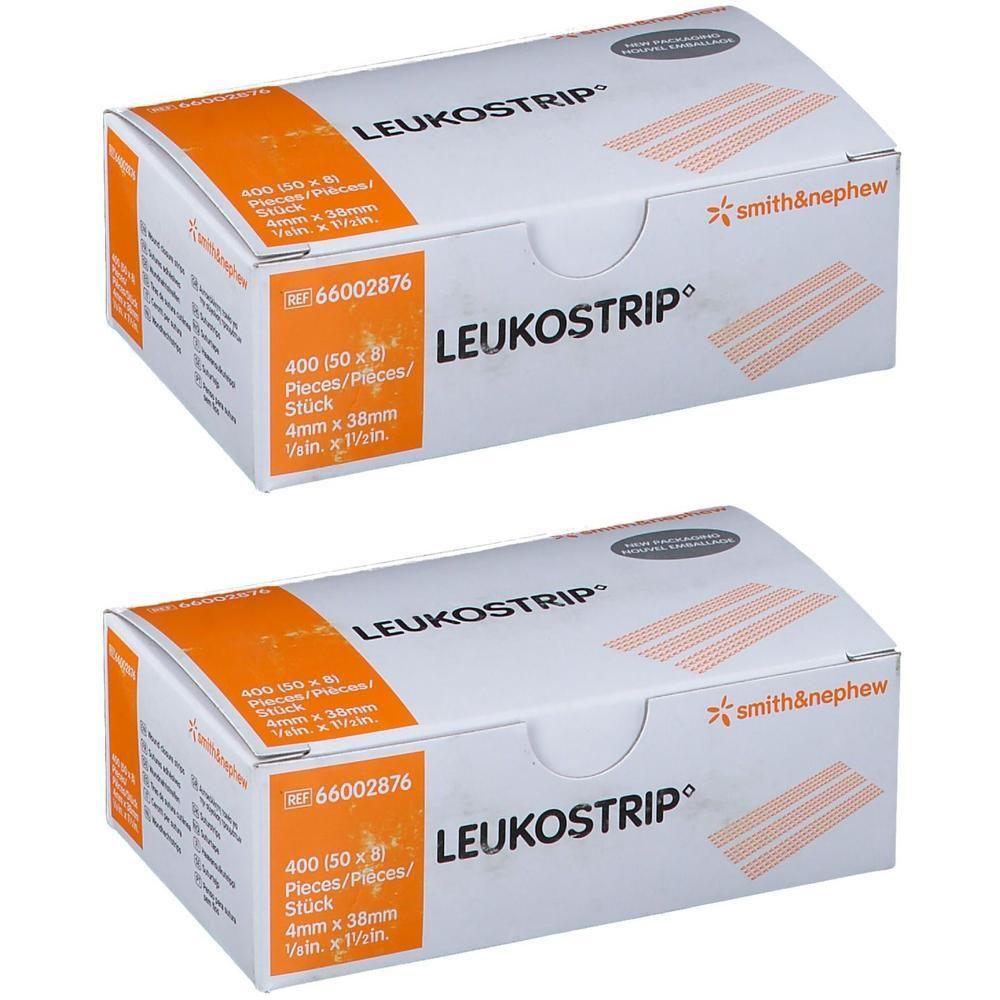 Twee dozen Leukostrip, 4mm x 38mm, 400 stuks per doos.