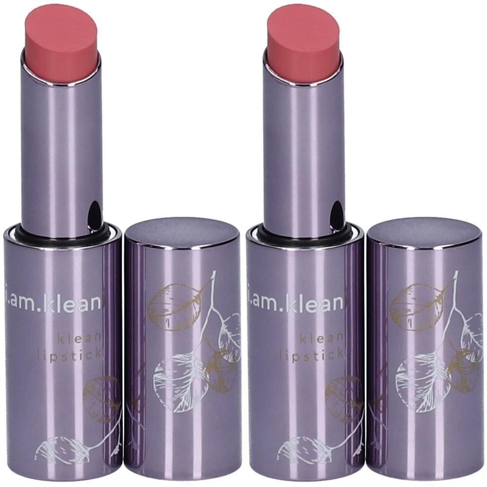 Twee i.am.klean lippenstiften in de kleur Breathless met paarse metallic verpakking en bladdesign.