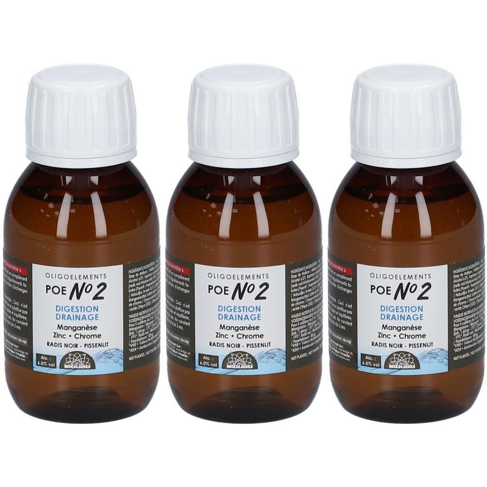 Drie bruine glazen flesjes met witte schroefdop, elk met etiket voor "Oligoelements POE N°2 Digestion Drainage".