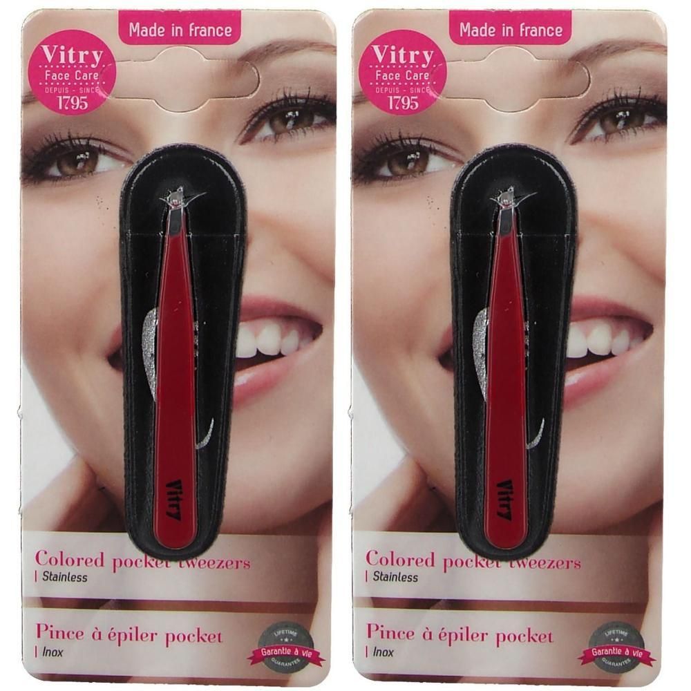 Deux paquets de pinces à épiler rouges en acier inoxydable à bouts obliques dans un étui noir.