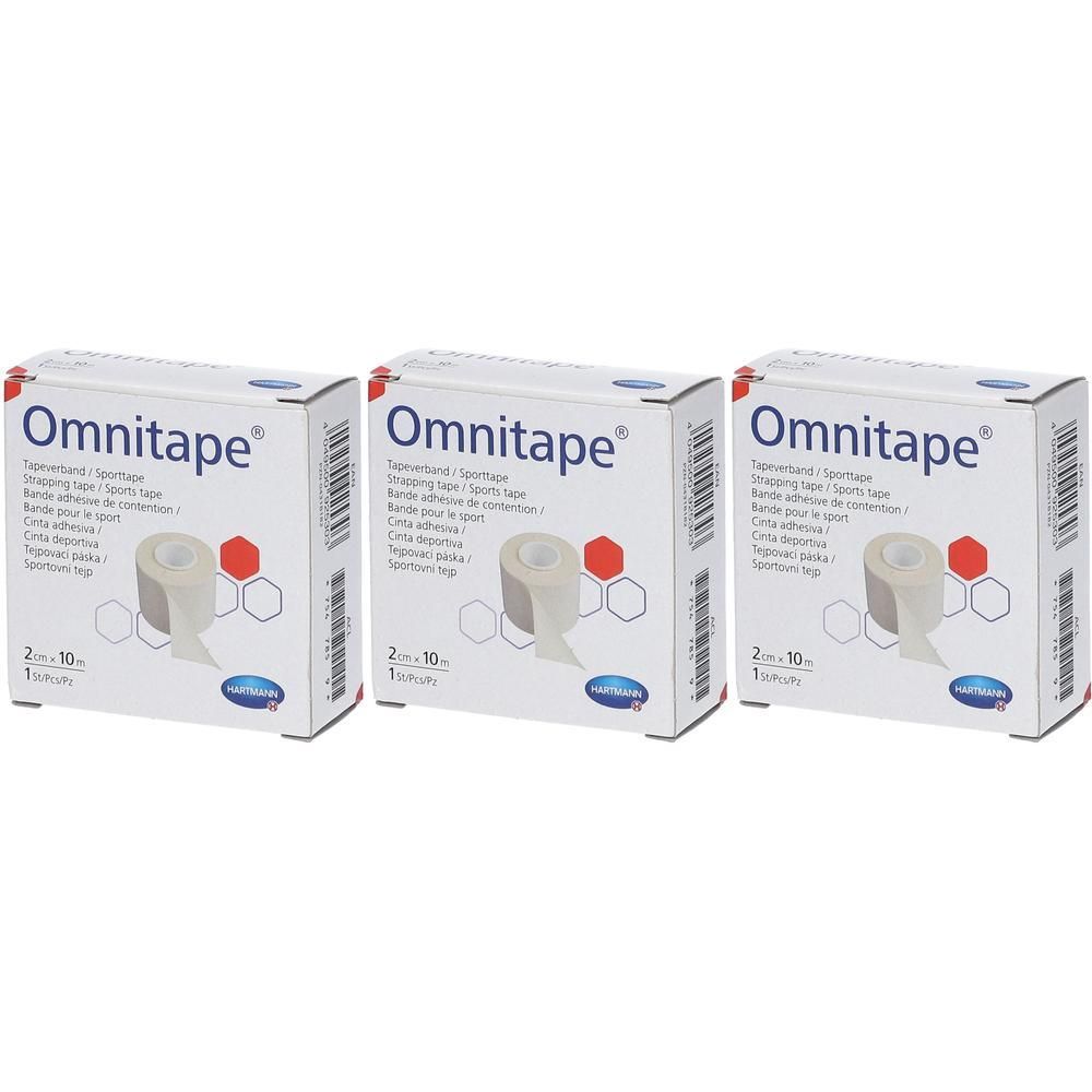 Drie pakken Hartmann Omnitape tape, elk 2 cm x 10 m. Witte tape op rol.
