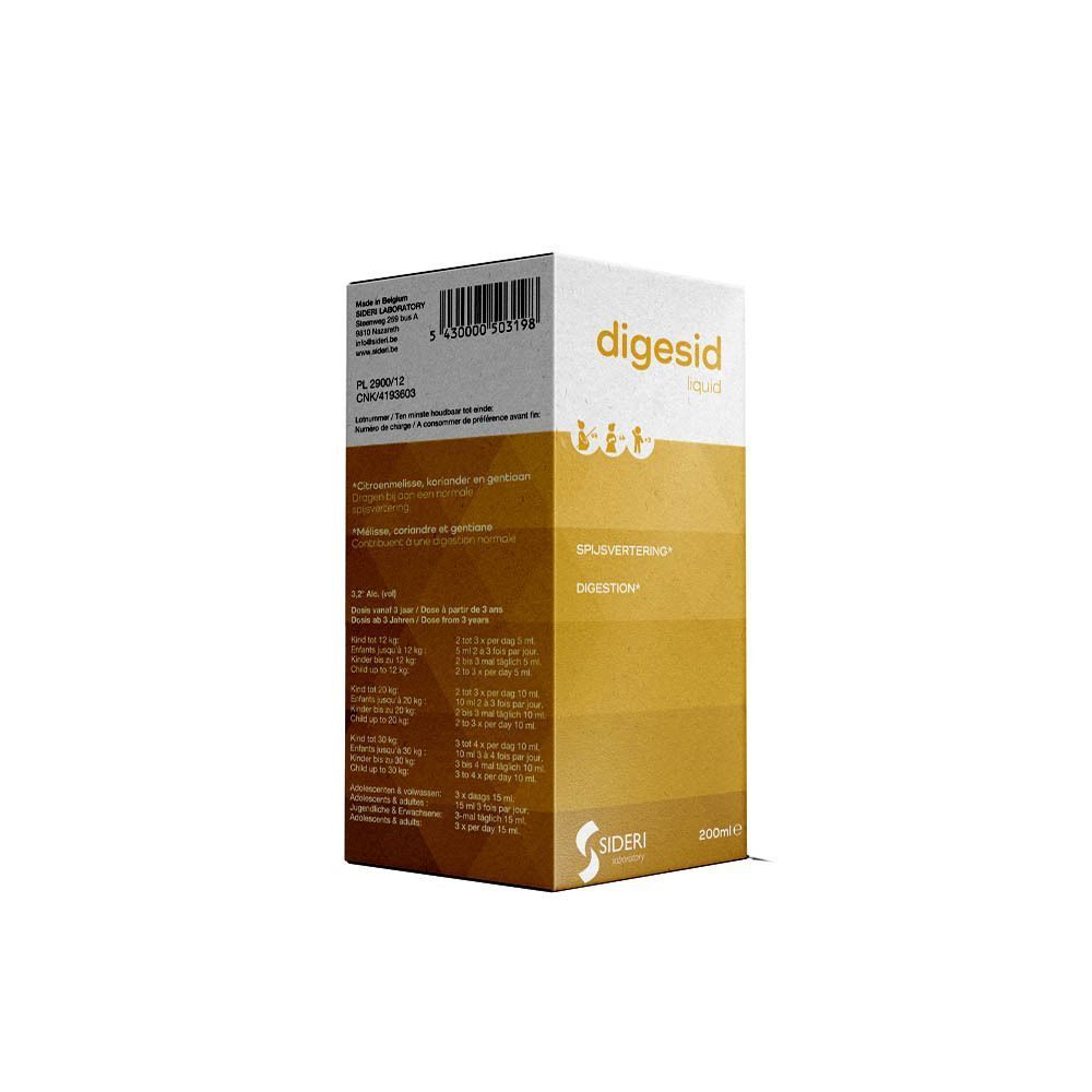 Boîte de Digesid Liquide, couleurs brun et or, avec informations produit.