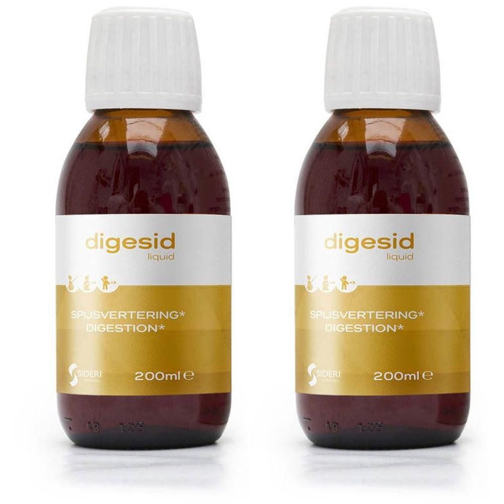 Twee bruine glazen flessen met witte dop, gevuld met Digesid Liquid. Etiket met gouden en witte belettering.