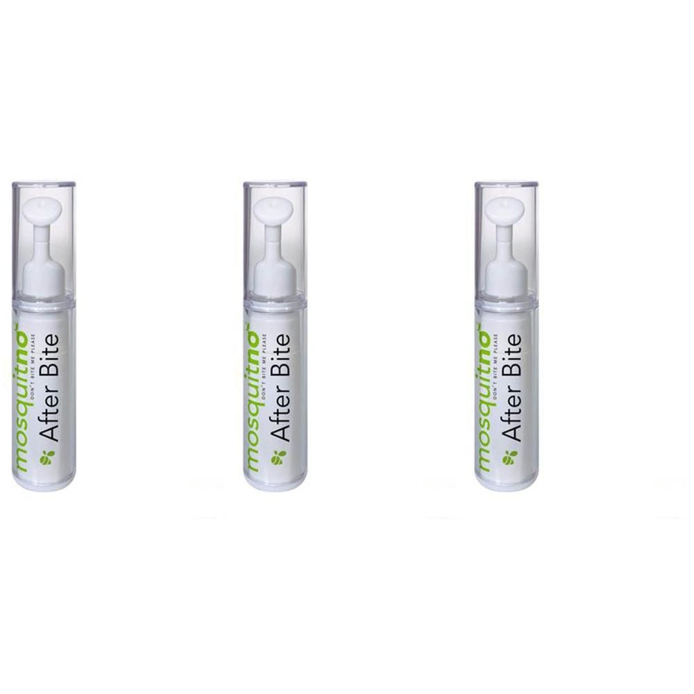 Drie Mosquitno After Bite pennen met applicator. Witte flesjes met groene en witte belettering.