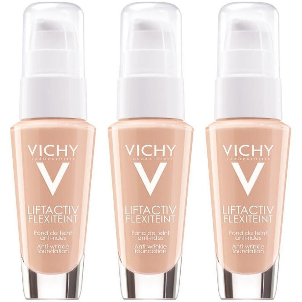 Trois flacons Vichy Liftactiv Flexiteint 35 Sand avec distributeurs à pompe.