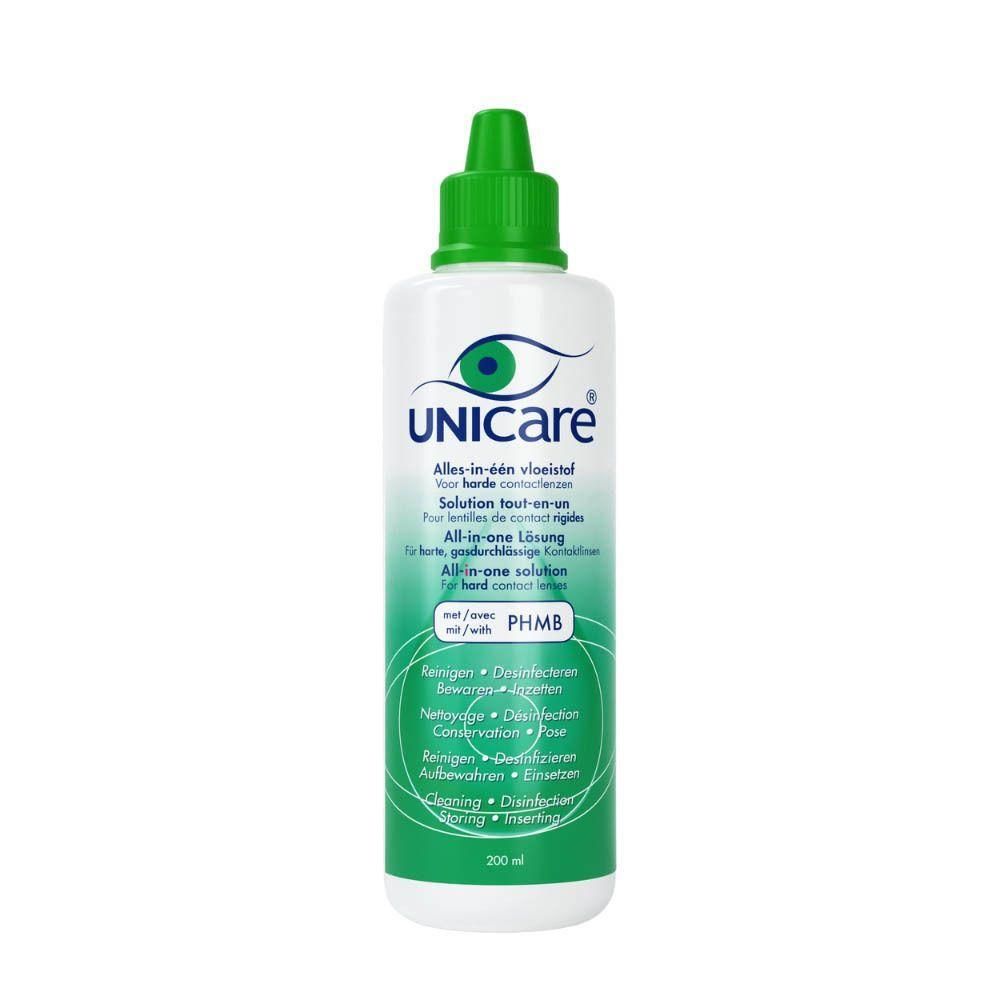 Solution tout-en-un Unicare pour lentilles rigides, flacon de 200 ml avec bouchon vert.