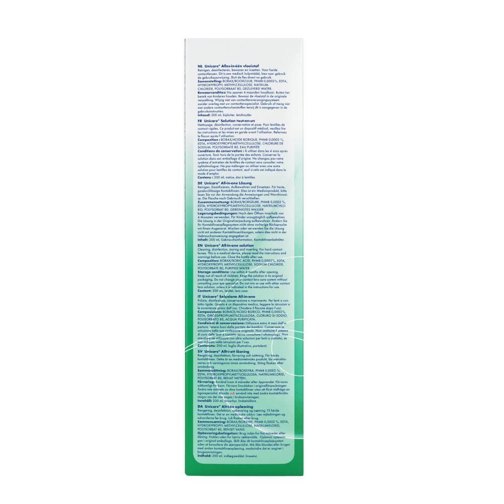 Dos de l'emballage de la solution tout-en-un Unicare pour lentilles rigides, 200 ml avec informations multilingues.