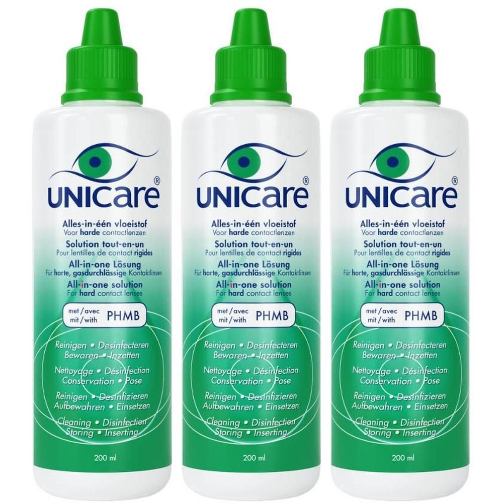 Trois flacons de Solution Tout-en-un Unicare pour lentilles rigides, 200 ml chacun.