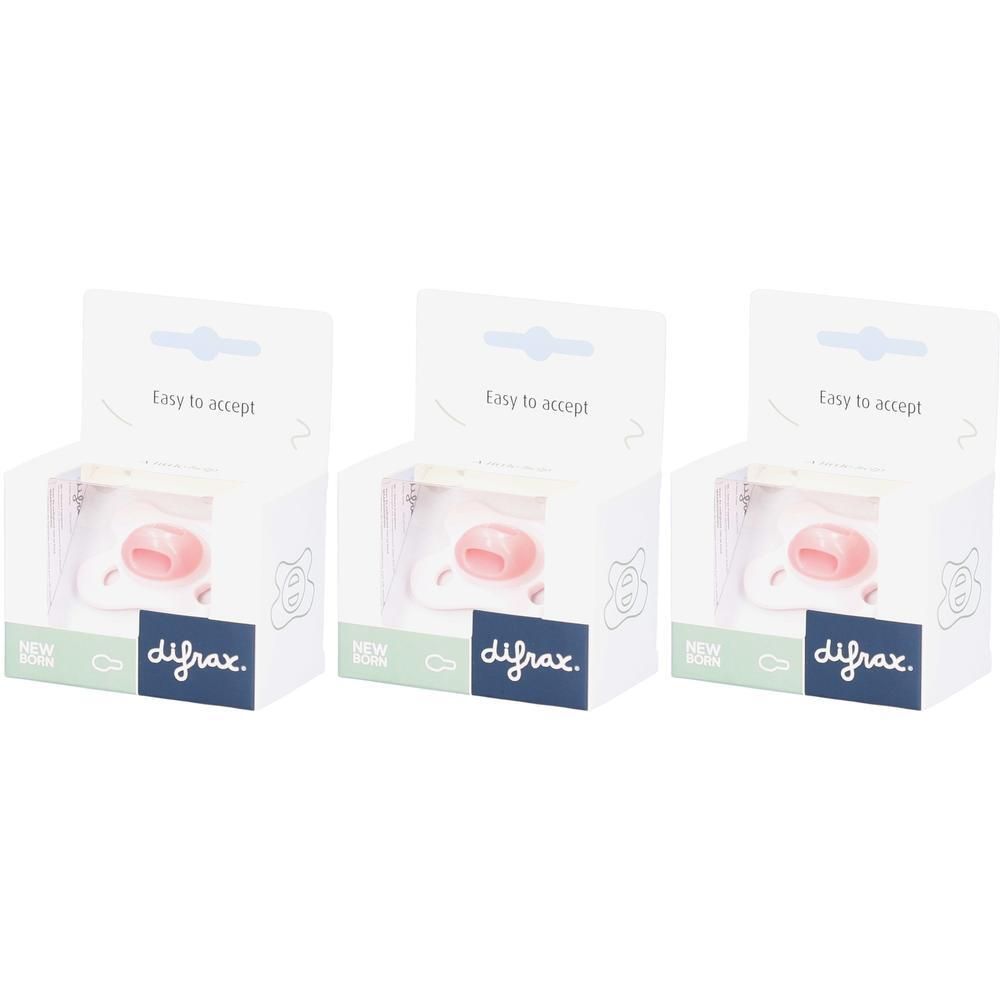 Trois sucettes Difrax roses, chacune dans son emballage.