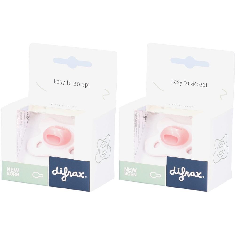 Twee Difrax newborn speentjes in roze, verpakt in kartonnen doosjes met venster.