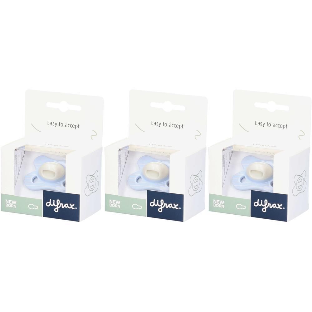 Trois sucettes Difrax pour nouveau-nés bleu clair avec tétine blanche, emballées en boîtes.