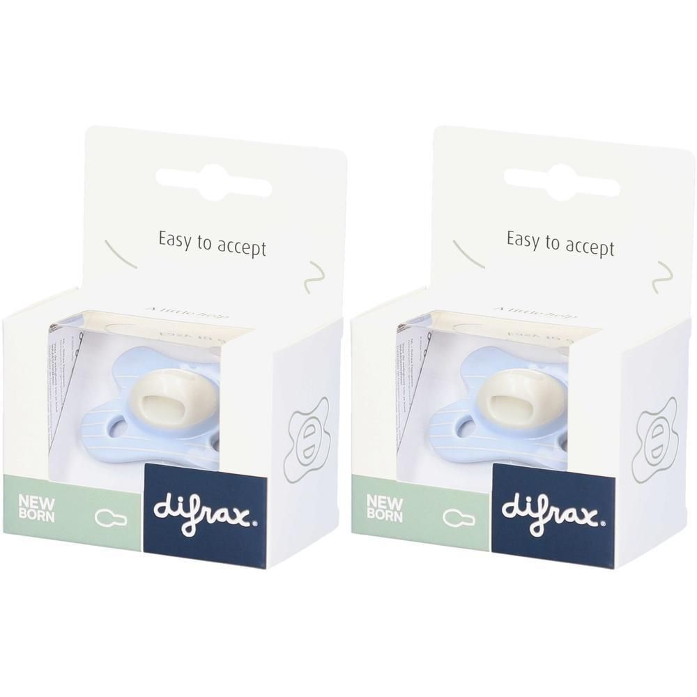Deux sucettes Difrax nouveau-né, bleu rayé, dans leur emballage.