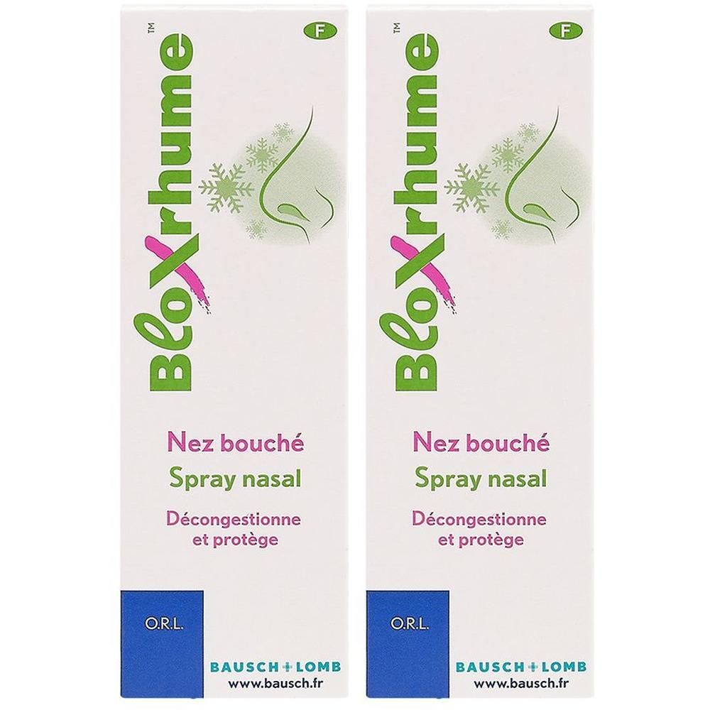 Deux boîtes de spray nasal Bausch&Lomb BloXrhume pour nez bouché.