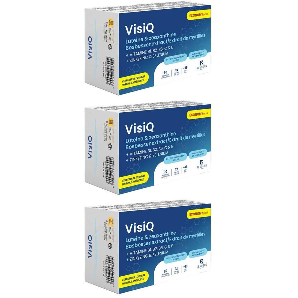 Trois boîtes de VisiQ Lutéine & Zéaxanthine avec vitamines et minéraux.