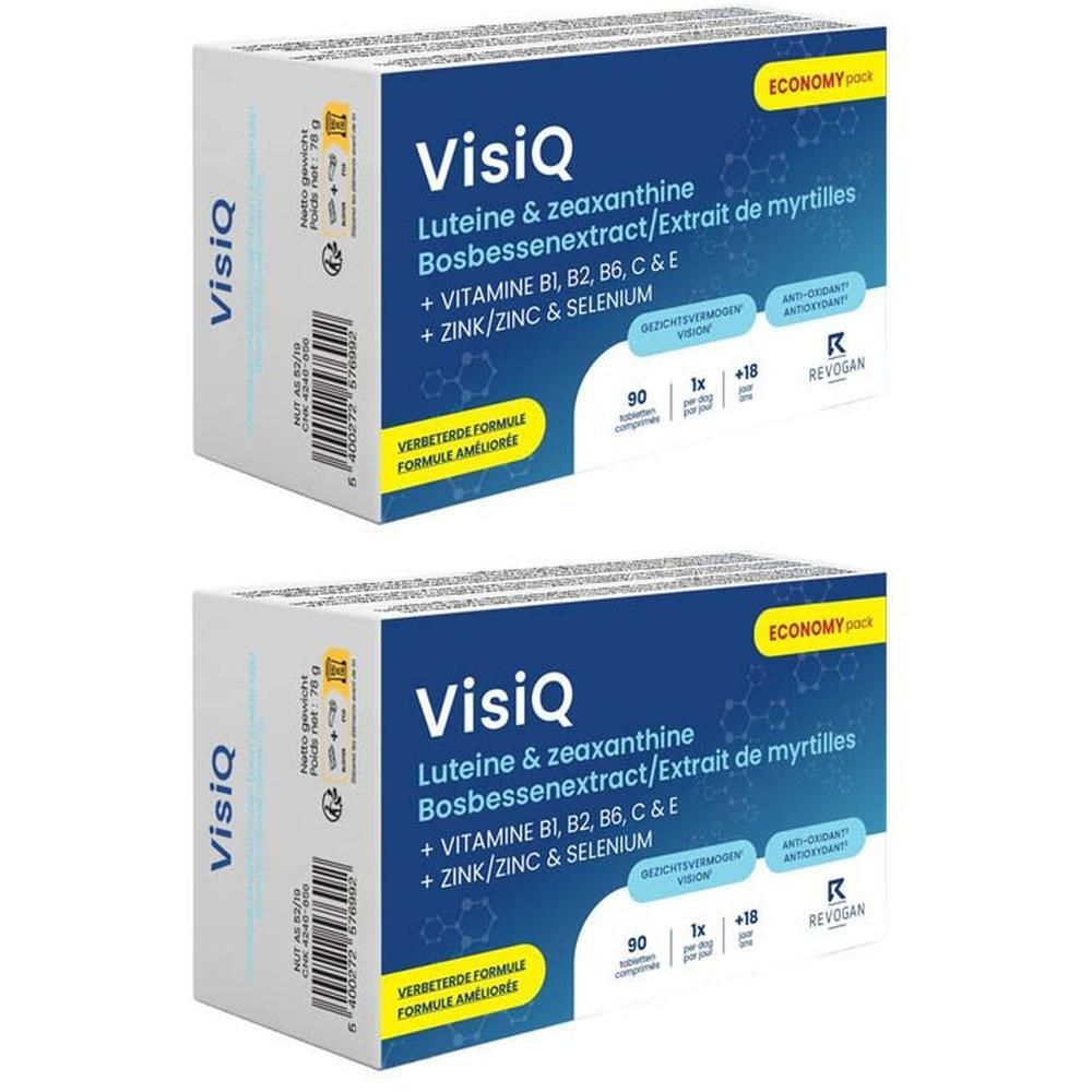 Twee pakken VisiQ Luteïne & Zéaxanthine met vitamines en mineralen.
