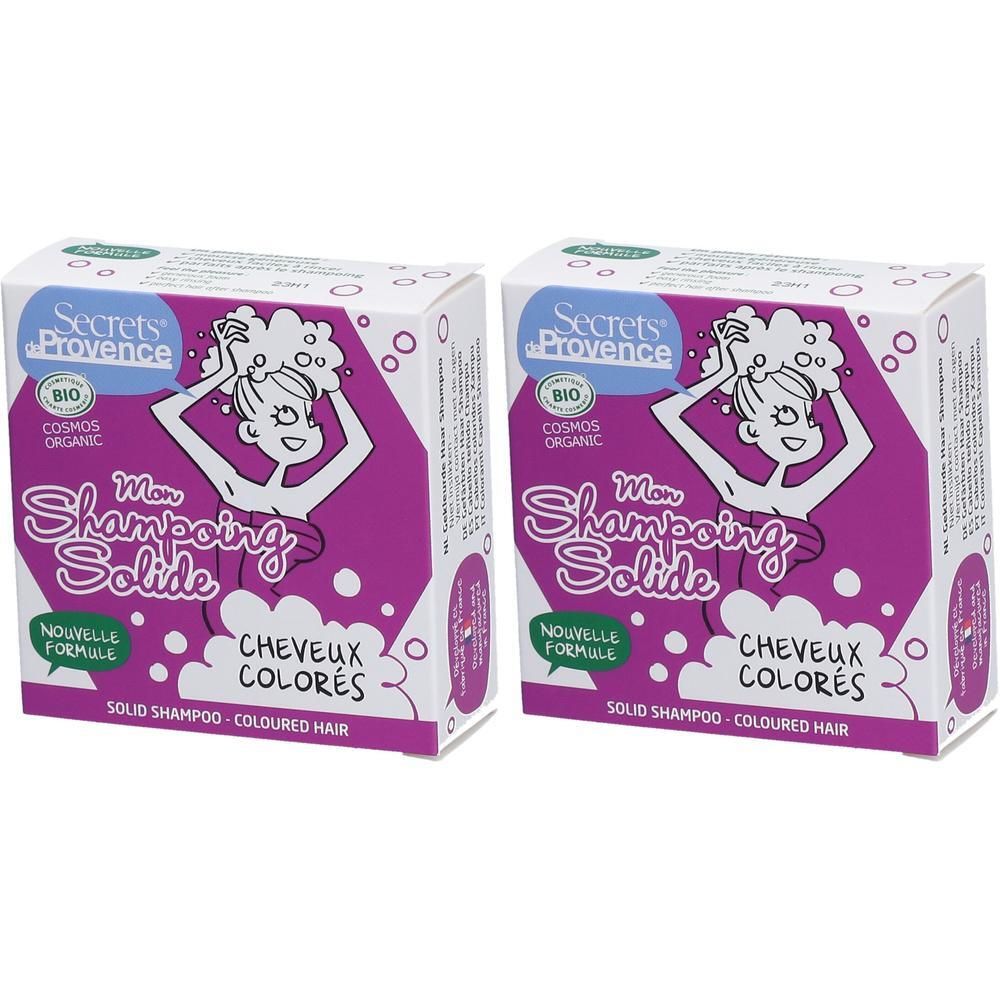 Deux boîtes de shampoing solide pour cheveux colorés de Secrets de Provence.