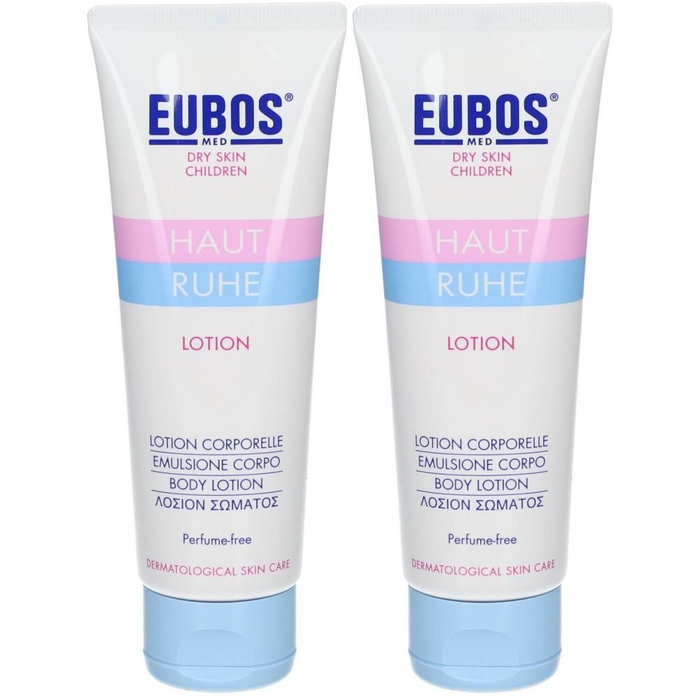 Deux flacons de lotion corporelle Eubos Haut Ruhe pour peau sèche.