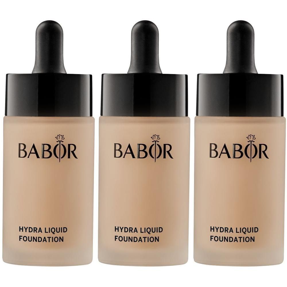 Drie Babor Hydra Liquid Foundation flesjes met druppelaar.