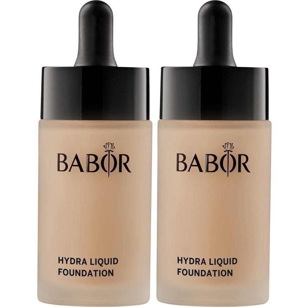 Twee Babor Hydra Liquid Foundation flesjes met druppelaar, lichte huidtint.