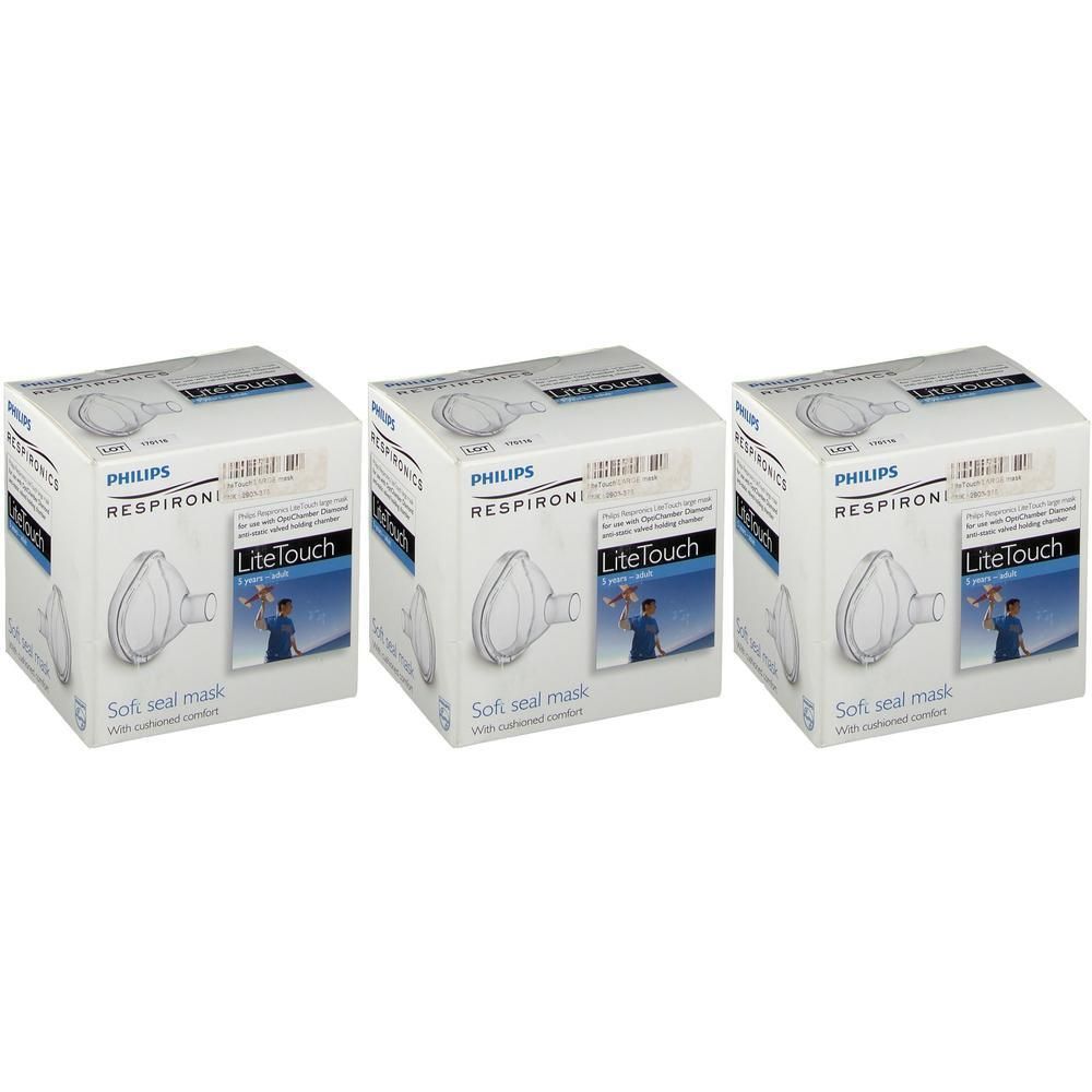 Drie Philips Respironics LiteTouch Sofi Seal maskers voor volwassenen, individueel verpakt.