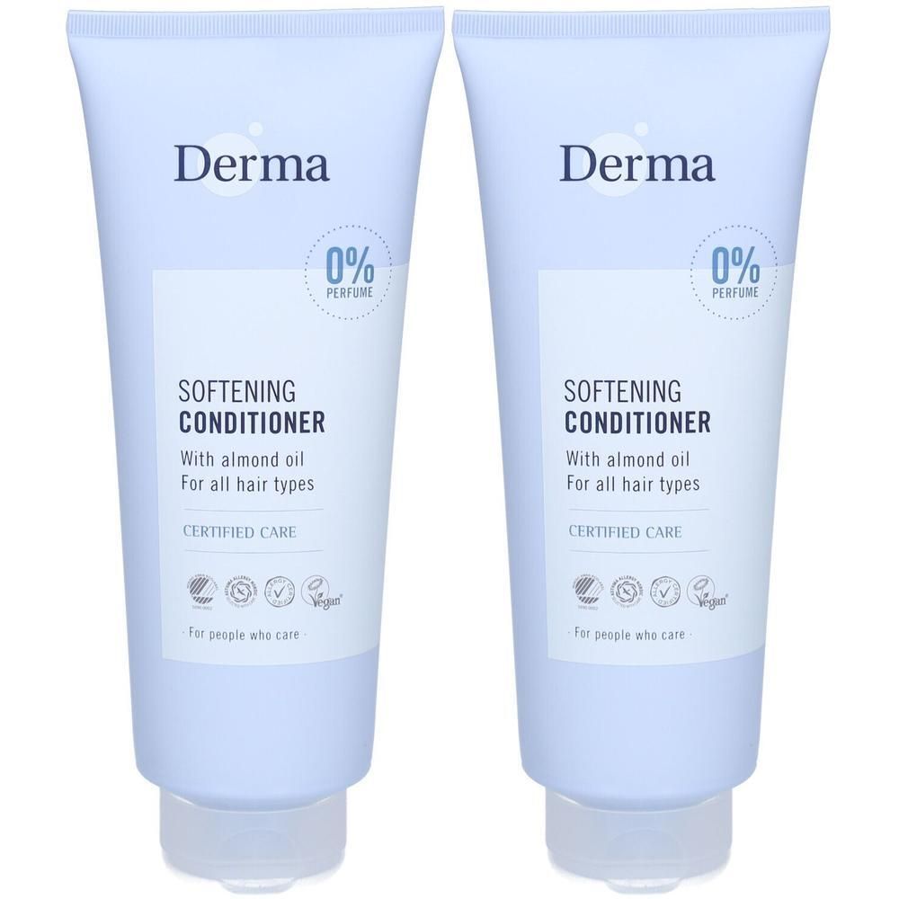 Twee tubes Derma Softening Conditioner, parfumvrij, met amandelolie voor alle haartypes.