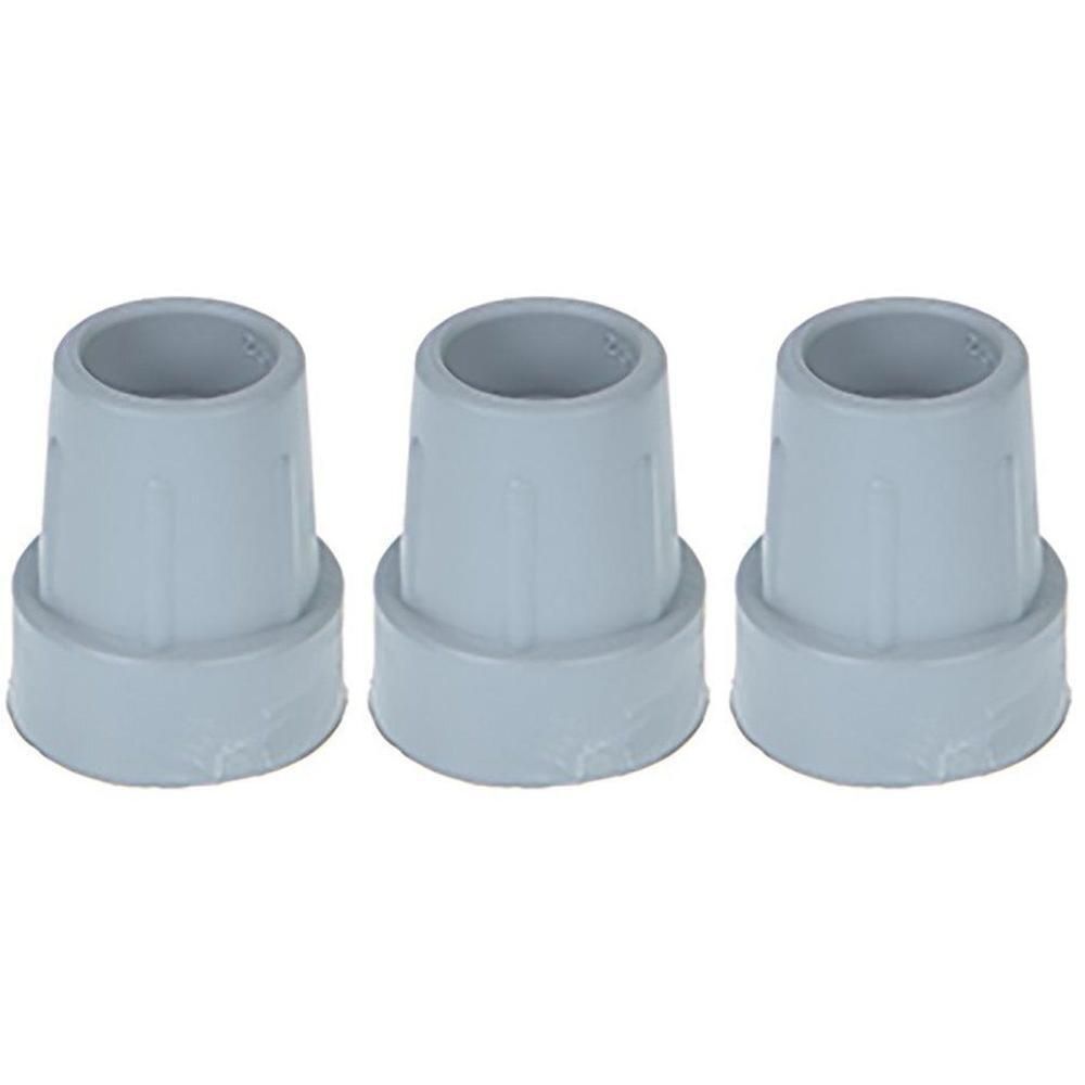 Drie grijze rubberen doppen voor krukken of looprekken, 25 mm.