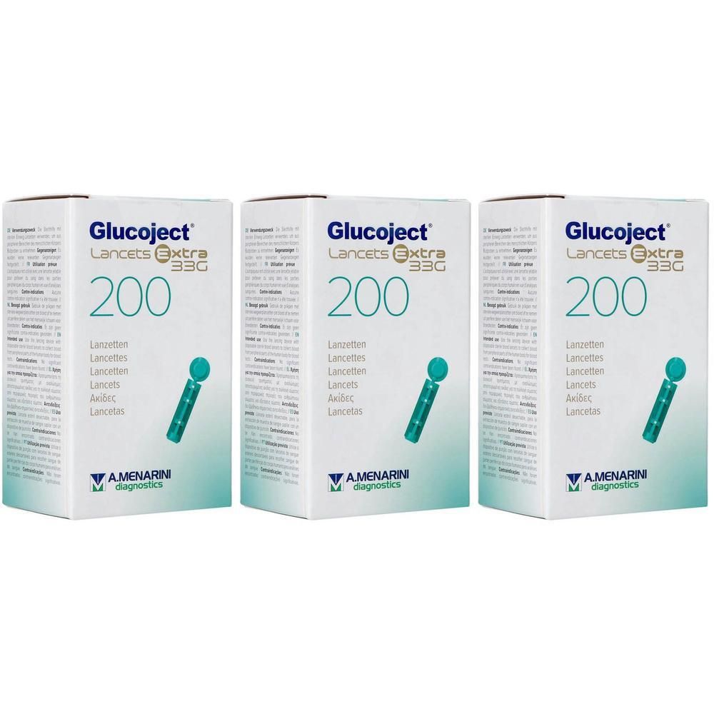 Trois boîtes de lancettes A.Menarini Glucoject Extra 33G, 200 lancettes par boîte.
