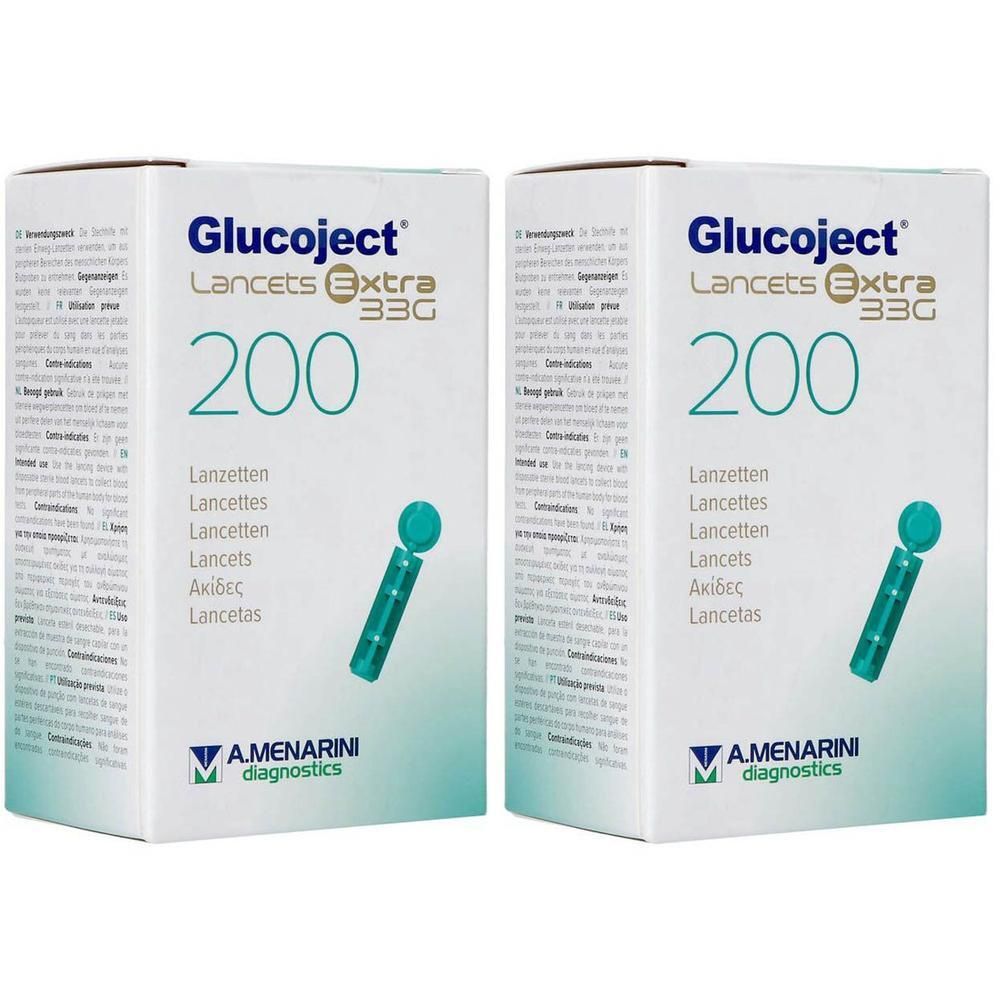 Deux boîtes de A. Menarini Glucoject Lancets Extra 33G, 200 pièces. Montre une lancette.